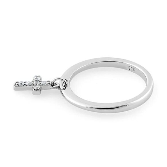 New Sterling Silver Dangling Cross CZ Ring New - Picture 4 of 4